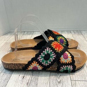 Love 83 Granny square Crochet Sandals Women’s Size 10 cork Boho Hippie 70s Style